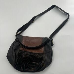 The Sak Deena Foldover Leather Crossbody Shoulder Bag Brown Black Color Block